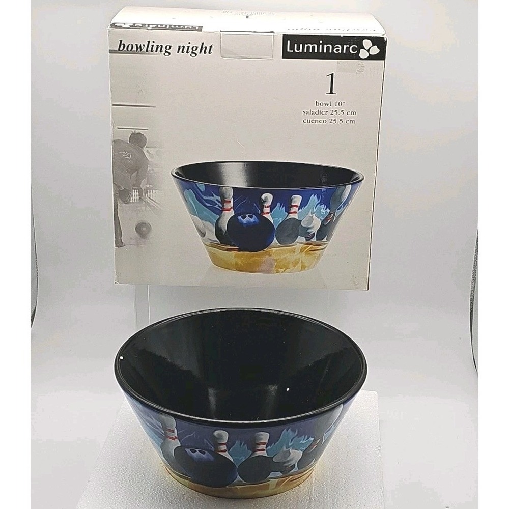 Luminarc 10" Glass Popcorn Snack Serving Bowl Bowling Theme Pins Balls Man Cave